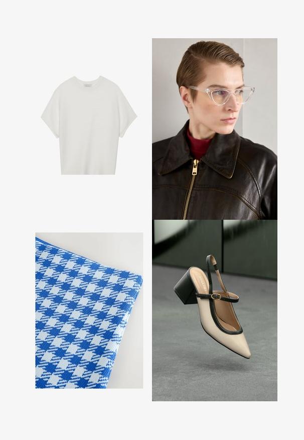 Bela majica s kratkimi rokavi in širokim ovratnikom ter teksturiranim rebrastim vzorcem, izdelana iz mehke tkanine, z udobnim krojem in čistim dizajnom.; Tkanina v modri in svetlo modri houndstooth vzorcu z teksturirano pletenino, ki se ponaša z gladkim videzom in mehkim občutkom.; Bežna slingback čevlja z uskim sprednjim delom, črnimi detajli, zlatim zaponko in debelim blokovskim peto na sivi tleh s temno zeleno ozadje.; Jasne acetatne mačje oči očala z rumenimi lečami, ki jih nosi oseba v temnem usnjenem jopiču in rdečem puloverju s kratkimi rokavi. Gladka tekstura.; Bela strukturirana torba z kratkimi ročaji in naramnim trakom, z zlatimi okrasnimi elementi in teksturiranim materialom, prikazana na sivi podlagi.
