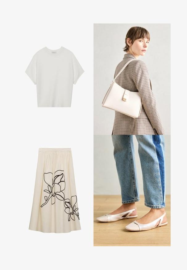 Vit kortärmad t-shirt med bred rund halsringning och texturerad ribbad mönster, tillverkad av mjukt material, med avslappnad passform och en ren design.; Krämfärgad kjol med svart blommig broderi, med en rynkad midja och flödande design, tillverkad av ett lättviktigt material.; Ljust rosa slingback-lägenheter med spetsig tå, tillverkade av ett slätt läderliknande material. Har utskurna detaljer på sidorna och en platt häl.; Vit läderhandväska med en strukturerad design, med en magnetknäppning och en axelrem, visad mot en neutral bakgrund.