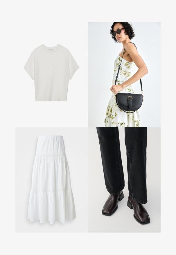 Hvit t-skjorte med korte ermer, bred rund hals og teksturert ribbet mønster, laget av myk stoff, med en avslappet passform og et enkelt design.; Hvit bomull maxi skjørt med et lagdelt design, som har en teksturert midjebånd og dekorativ blonderkant ved sømmene. Myk og flytende stoff.; Brune lær ankle støvler med firkantet tå og blokkhæl, parret med sorte vide ben jeans. Glat struktur og minimalistisk design.; Svart lærveske med en buet form, avtagbar stropp og gullbeslag. Vesken har et klaff med spenne-detall.