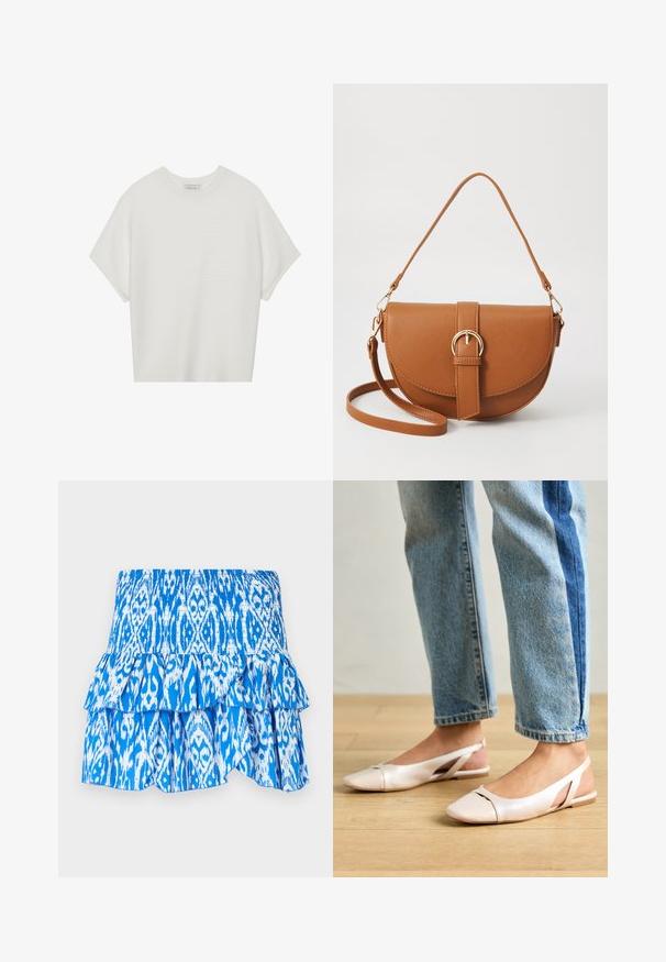 Vit kortärmad t-shirt med bred rund halsringning och texturerad ribbad mönster, tillverkad av mjukt material, med avslappnad passform och en ren design.; Blå och vit mönstrad kjol med smockad midja, lager på lager volangkant och lättviktig tyg. Har en ikatmönstrad design.; Ljust rosa slingback-lägenheter med spetsig tå, tillverkade av ett slätt läderliknande material. Har utskurna detaljer på sidorna och en platt häl.; Brun läder crossbody-väska med en böjd form, gyllene detaljer och en spänneaccent. Har en avtagbar axelrem.