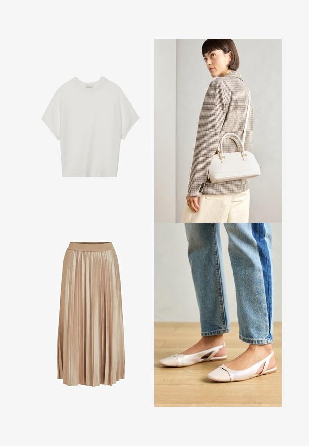 Camiseta blanca de manga corta con cuello redondo amplio y patrón acanalado texturizado, hecha de una tela suave, con un corte relajado y un diseño limpio.; Falda midi plisada en tejido de satén beige claro. Presenta una cinturilla ancha y elástica y elegantes pliegues verticales a lo largo de toda su longitud.; Bailarinas de color rosa pálido con tiras traseras y punta puntiaguda, fabricadas con un material similar al cuero suave. Presentan detalles recortados en los laterales y un tacón plano.; Bolso estructurado blanco con asas cortas y una correa para el hombro, que presenta detalles en dorado y material texturizado, exhibido sobre un fondo gris.