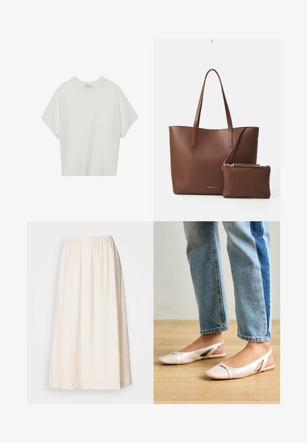 Hvid kortærmet t-shirt med en bred rund hals og struktureret ribbet mønster, lavet af blødt stof, med en afslappet pasform og et enkelt design.; Lang, cremefarvet nederdel med elastisk talje. Lavet af et struktureret stof, har den en fyldig silhuet og flyder blidt.; Lyserøde slingback flade sko med spidse tær, lavet af et glat læderlignende materiale. Har udskæringsdetaljer på siderne og en flad hæl.; Brun faux læder tote taske med to lange håndtag og en matchende lille pung. Overfladen har et struktureret mønster og guldfarvede hardware detaljer.