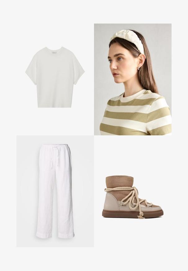 White short-sleeve t-shirt with a wide crew neck and textured ribbed pattern, made of soft fabric, featuring a relaxed fit and a clean design.; White linen pants with a relaxed fit, elastic waistband, and drawstring. Features straight legs and rolled hems for a casual look.; Beige suede and leather ankle boots with a round toe, featuring a textured upper, thick braided rope laces, and a rubber sole.; Cream padded headband with twisted design, paired with a beige and white striped shirt featuring a round neckline. Subtle jewelry accents.