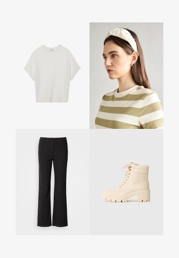 Bílý krátký rukáv tričko s širokým kulatým výstřihem a texturovaným žebrovaným vzorem, vyrobené z měkké látky, s uvolněným střihem a čistým designem.; Černé kalhoty z bavlněné směsi se střihem rovného nohavice, se zapínáním na knoflík vpředu a dvěma bočními kapsami. Hladká textura, žádné viditelné vzory.; Krémové kotníkové boty vyrobené z hladké kůže s ribbovaným lemem, masivním podpatkem a šněrováním vpředu s zlatými očky.; Krémová polstrovaná čelenka s twist designem, doplněná béžovým a bílým pruhovaným tričkem s kulatým výstřihem. Jemné šperky.