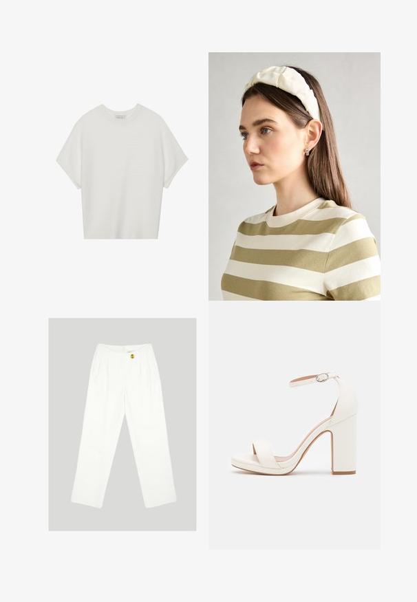 Tricou alb cu mânecă scurtă, cu guler larg și model texturat cu dungi, realizat dintr-un material moale, având o croială lejeră și un design curat.; Pantaloni albi, largi, dintr-o țesătură netedă. Prezintă un sistem de închidere cu un singur nasture galben și un design plisat în față. Fără buzunare vizibile.; Sandalie albe cu toc înalt, cu curea la gleznă, design minimalist, vârful deschis, toc bloc și textură din piele netedă.; Bandă de cap din material moale, de culoare crem, cu un design răsucit, purtată alături de o bluză în dungi bej și albă, cu guler rotund. Accente discrete din bijuterii.