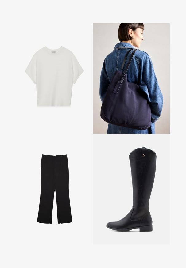Biała koszulka z krótkim rękawem o szerokim dekolcie, wykonana z miękkiego materiału, z fakturowanym prążkowanym wzorem, charakteryzująca się luźnym krojem i minimalistycznym designem.; Czarne spodnie o prostym kroju, z przednimi kieszeniami i bocznymi rozcięciami na dole. Wykonane z miękkiego, gładkiego materiału. Odpowiednie na różne okazje.; Kozaki czarne skórzane do kolan o gładkiej fakturze, okrągłym nosie, niskim blokowym obcasie oraz zaokrąglonej górnej krawędzi z pętelką z tyłu.; Granatowa torba na ramię z płótna o miękkim, strukturalnym kształcie, z czarnym paskiem, przeszyciami i małą metką marki.