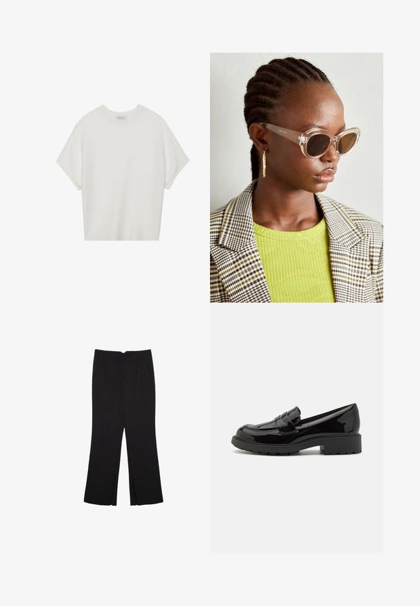 Witte T-shirt met korte mouwen, een brede ronde hals en een gestructureerd ribpatroon, gemaakt van zachte stof. Het shirt heeft een ontspannen pasvorm en een strakke uitstraling.; Zwarte broek met een rechte pasvorm, voorzien van zijzakken en plooien aan de onderzijde. Gemaakt van zachte, gladde stof. Geschikt voor verschillende gelegenheden.; Zwarte gepatineerde leren loafers met een ronde neus, een decoratieve band over de wreef en een chunky rubberen zool met profiel.; Doorzichtige cat-eye zonnebril met bruine lenzen en transparante montuur. Model draagt een groene geribbelde top en een geblokte blazer. Gouden ring oorbellen.; Zwarte lederen handtas met een gestructureerd ontwerp, bovenhandgreep en een gouden metalen sluitingdetails aan de voorkant. Gladde textuur, minimale stiksels.