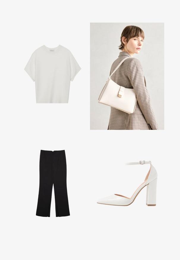 T-shirt bianca a maniche corte con scollo rotondo ampio e texture a coste, realizzata in tessuto morbido, caratterizzata da una vestibilità rilassata e un design pulito.; Pantaloni neri a gamba dritta, con tasche frontali e spacchi laterali all'orlo. Realizzati in tessuto morbido e liscio. Adatti a diverse occasioni.; Scarpa con tacco alto in pelle patent bianca, con lato aperto, punta affusolata, cinturino alla caviglia con fibbia e tacco chunky.; Borsa a mano in pelle bianca con un design strutturato, presente di un clasp magnetico e una tracolla, esposta su uno sfondo neutro.