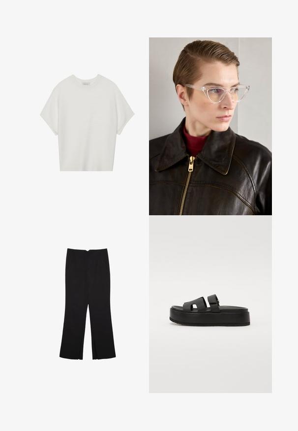 Weißes T-Shirt mit kurzen Ärmeln, weitem Rundhalsausschnitt und strukturiertem Rippenmuster, aus weichem Stoff, mit legerer Passform und einem klaren Design.; Schwarze Hose mit geradem Schnitt, ausgestattet mit Fronttaschen und Seitenschlitzen am Saum. Hergestellt aus weichem, glattem Stoff. Geeignet für verschiedene Anlässe.; Schwarze Plateau-Sandalen mit zwei breiten Riemen, aus glattem Material. Verfügt über eine klobige Sohle mit einer strukturierten Unterseite für besseren Halt.; Klarer Acetat Cat-Eye-Brillen mit gelb getönten Gläsern, getragen von einer Person in einer dunklen Lederjacke und rotem Rollkragenpullover. Glatte Textur.; Metallisch goldene Clutch mit einer glatten, abgerundeten Form, ausgestattet mit einem oberen Druckknopfverschluss und einem kleinen Kettenriemen zum Tragen.