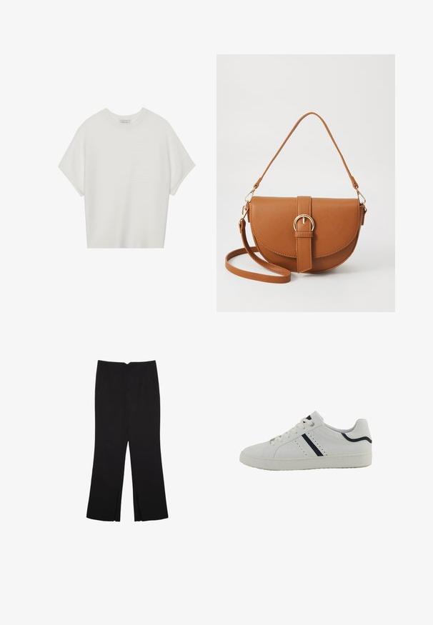 Weißes T-Shirt mit kurzen Ärmeln, weitem Rundhalsausschnitt und strukturiertem Rippenmuster, aus weichem Stoff, mit legerer Passform und einem klaren Design.; Schwarze Hose mit geradem Schnitt, ausgestattet mit Fronttaschen und Seitenschlitzen am Saum. Hergestellt aus weichem, glattem Stoff. Geeignet für verschiedene Anlässe.; Weißer synthetischer Sneaker mit niedrigem Profil, ausgestattet mit marineblauen diagonalen Streifen, Perforationen an der Seite und einer strukturierten Gummisohle.; Braune Leder-Crossbody-Tasche mit geschwungener Form, goldfarbenen Beschlägen und einer Schnallenakzentuierung. Verfügt über einen abnehmbaren Schultergurt.