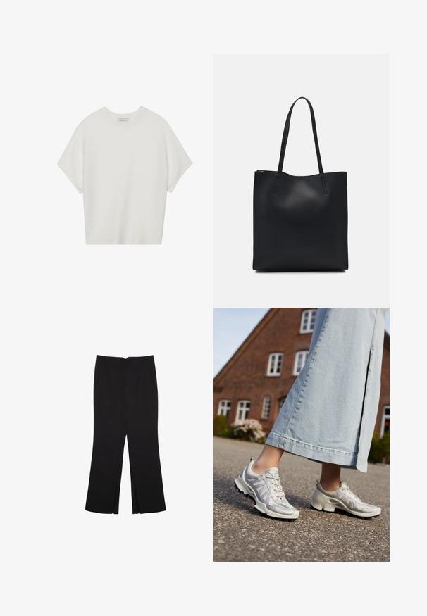 T-shirt bianca a maniche corte con scollo rotondo ampio e texture a coste, realizzata in tessuto morbido, caratterizzata da una vestibilità rilassata e un design pulito.; Pantaloni neri a gamba dritta, con tasche frontali e spacchi laterali all'orlo. Realizzati in tessuto morbido e liscio. Adatti a diverse occasioni.; Scarpe da ginnastica grigio chiaro con pannelli in rete, punte tonde e suole testurizzate, abbinate a una gonna di jeans azzurra chiara.; Borsa tote in pelle nera con texture liscia, forma rettangolare e due manici lunghi. Nessun hardware o decorazione visibile.