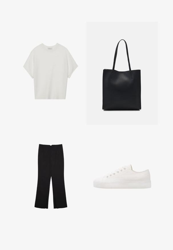 Bela majica s kratkimi rokavi in širokim ovratnikom ter teksturiranim rebrastim vzorcem, izdelana iz mehke tkanine, z udobnim krojem in čistim dizajnom.; Črne hlače ravnega kroja z naglavnimi žepi in stranskimi razporki na robu. Narejene iz mehke, gladke tkanine. Primerne za različne priložnosti.; Bela platnena tenisa z okroglo konico, s šestimi luknjami za vezalke, teksturiranim gumijastim podplatom in subtilnimi šivi po straneh.; Črna usnjena torba s svilnato teksturo, pravokotne oblike in dvema dolgima ročajema. Brez vidnih metalnih delov ali okrasnih elementov.