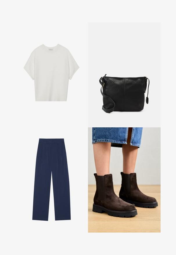 Hvit t-skjorte med korte ermer, bred rund hals og teksturert ribbet mønster, laget av myk stoff, med en avslappet passform og et enkelt design.; Marineblå bukser med vide ben laget av mykt stoff, med frontfolder, en glatt tekstur og en rett passform uten synlige lommer.; Marc O'Polo GIULIA - Platåstøvletter - dark brown; Svart skinn crossover-veske med flat form, gullfarge detaljer og justerbar stropp. Glatt tekstur med minimale sømmer.