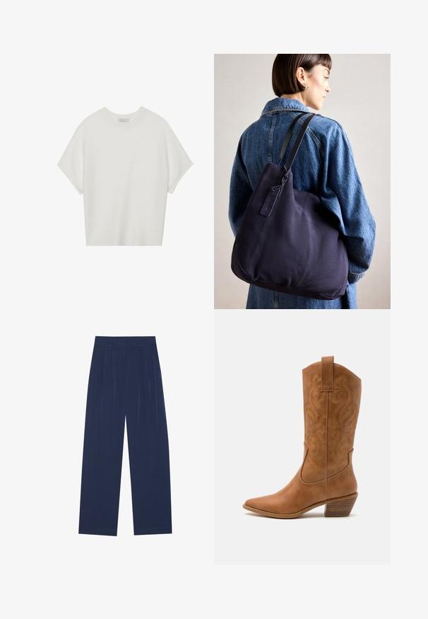 Hvit t-skjorte med korte ermer, bred rund hals og teksturert ribbet mønster, laget av myk stoff, med en avslappet passform og et enkelt design.; Marineblå bukser med vide ben laget av mykt stoff, med frontfolder, en glatt tekstur og en rett passform uten synlige lommer.; Brune lær cowboy støvel med spiss tå, broderte svirvlende mønstre på skaftet og en stablet blokk hæl. Har en trekksløyfe for enkel påkledning.; Marine lerrets skulderveske med en myk, strukturert form, som har en svart stropp, sydd detaljer og en liten merkeflagg.