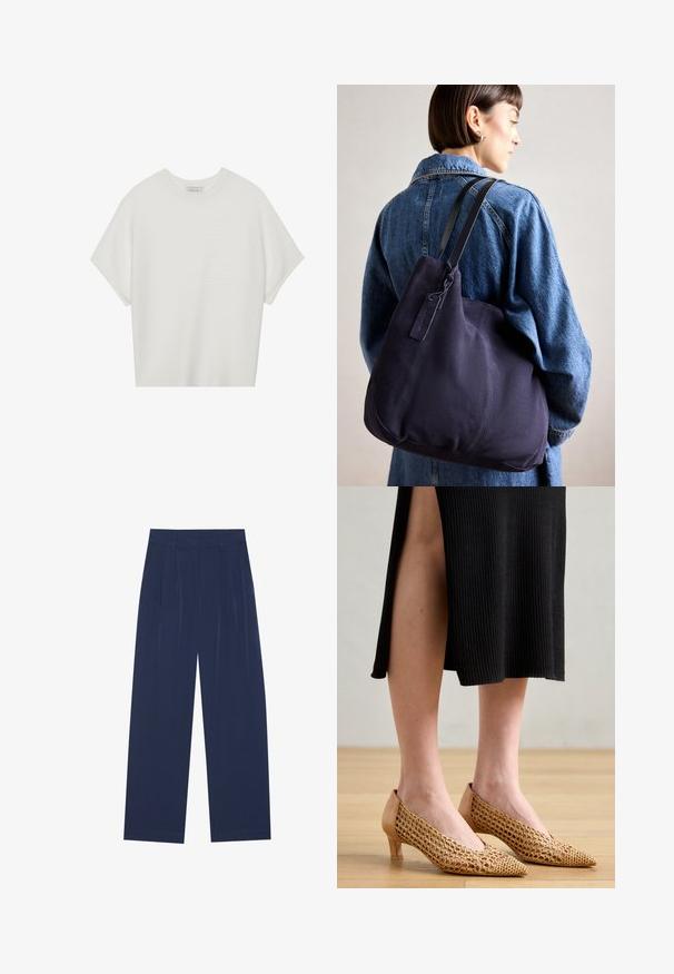 T-shirt blanc à manches courtes avec un large col rond et un motif côtelé texturé, fabriqué en tissu doux, présentant une coupe décontractée et un design épuré.; Pantalons larges bleu marine en tissu doux, dotés de pliures à l'avant, d'une texture lisse et d'une coupe droite sans poches visibles.; Des chaussures à bout pointu avec une tige en maille dorée tissée, un dos en cuir beige et un petit talon, posées sur un sol en bois et une robe noire à côtes.; Sac à épaule en toile navy avec une forme douce et structurée, doté d'une sangle noire, de détails cousus et d'une petite étiquette de marque.