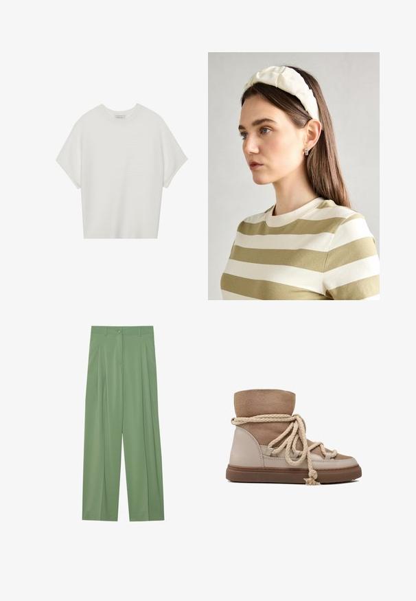 Camiseta blanca de manga corta con cuello redondo amplio y patrón acanalado texturizado, hecha de una tela suave, con un corte relajado y un diseño limpio.; Pantalones de pierna ancha verdes hechos de tela suave. Presentan pliegues en el frente, un cierre de botón único y pasadores para cinturón.; Botas de tobillo en ante y piel en color beige, con punta redonda, que presentan un upper texturizado, gruesos cordones de cuerda trenzada y suela de goma.; Diadema acolchada crema con diseño trenzado, acompañada de una camiseta de rayas beige y blanca con cuello redondo. Sutiles acentos de joyería.
