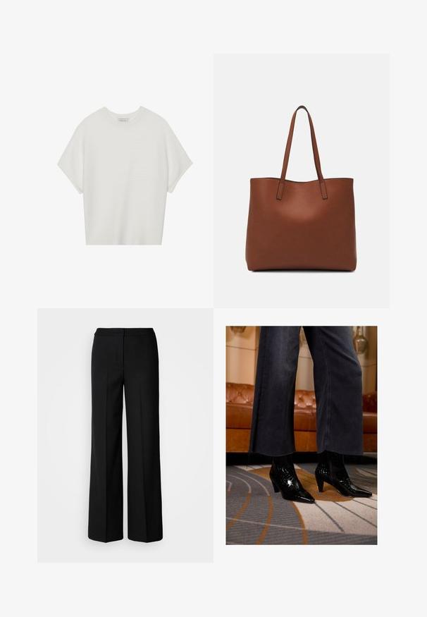 Bijela majica kratkih rukava s širokim okruglim izrezom i teksturiranim rebrastim uzorkom, izrađena od mekog materijala, s opuštenim krojem i čistim dizajnom.; Crne široke hlače od glatkog materijala, s visokim strukom, krojenim šavovima i minimalističkim dizajnom. Bez vidljivih metalnih dijelova ili džepova.; Crne čizme do članaka sa šiljastim vrhom i teksturiranom površinom, nošene ispod crnih širokih hlača s frendanim rubovima, na uzorkovanom tepihu.; Smeđa kožna torba preko ramena s glatkom teksturom, otvorenim vrhom i dvjema naramenicama. Ima minimalne šavove i nema vidljivog hardvera.; Tri čašice za kosu: jedna crno-bijela mramorna, dvije žirafe u smeškim i crnim nijansama, sve izrađene od sjajnog plastike s teksturiranom završnom obradom.