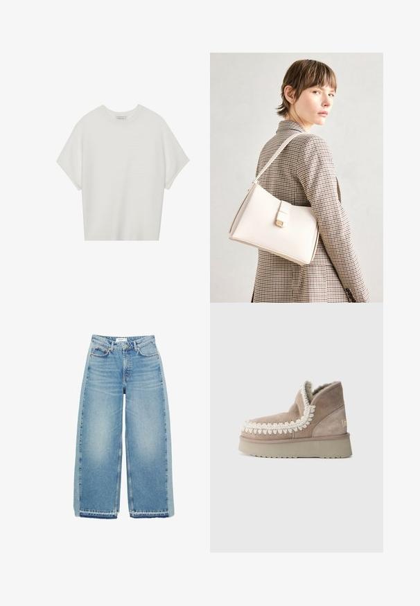 Bílý krátký rukáv tričko s širokým kulatým výstřihem a texturovaným žebrovaným vzorem, vyrobené z měkké látky, s uvolněným střihem a čistým designem.; Světle modré džínové kalhoty širokého střihu, vyrobené z denimu, s vysokým pasem, zapínáním na knoflík, předními kapsami a surovým lemem.; Hnědé semišové kotníkové boty s měkkou podšívkou a dekorativním bílým prošíváním kolem límce. Mají silnou, texturovanou podrážku.; Bílá kožená kabelka se strukturálním designem, s magnetickým uzávěrem a ramenním popruhem, prezentovaná na neutrálním pozadí.