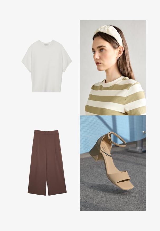 Weißes T-Shirt mit kurzen Ärmeln, weitem Rundhalsausschnitt und strukturiertem Rippenmuster, aus weichem Stoff, mit legerer Passform und einem klaren Design.; Braune Weite-Leg-Hosen mit einer glatten Textur, hoher Taille und Vorderfalten. Der Stoff ist leicht und fällt locker.; Beige Sandale mit Blockabsatz und quadrater Zehenform, minimalistischen Riemen und einem Knöchelverschluss. Glattes, mattes Material auf einer grauen Oberfläche.; Cremfarbener gepolsterter Haarreif mit gedrehtem Design, kombiniert mit einem beigen und weißen gestreiften Shirt mit rundem Halsausschnitt. Dezente Schmuckakzente.