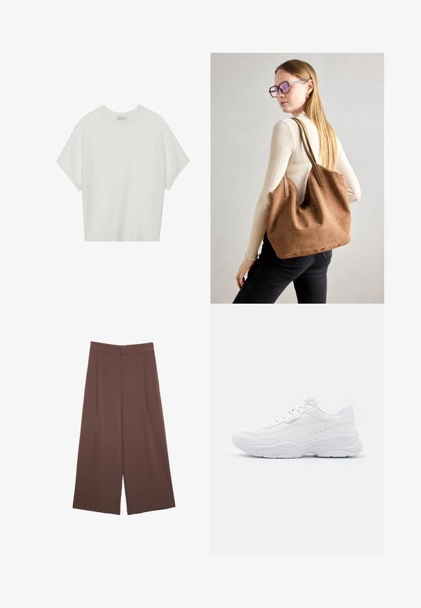 Bílý krátký rukáv tričko s širokým kulatým výstřihem a texturovaným žebrovaným vzorem, vyrobené z měkké látky, s uvolněným střihem a čistým designem.; Hnědé široké kalhoty s hladkou texturou, vysokým pasem a předními záhyby. Materiál je lehký a volně splývá.; Bílé sportovní tenisky s hladkým koženým svrškem, kulatou špičkou, silnou podešví a perforovanými detaily na bocích.; Hnědá semišová taška přes rameno se soft-touch texturou, velkým otvorem a dlouhými popruhy. Disponuje jednoduchým designem s viditelným šitím a bez kovových prvků.