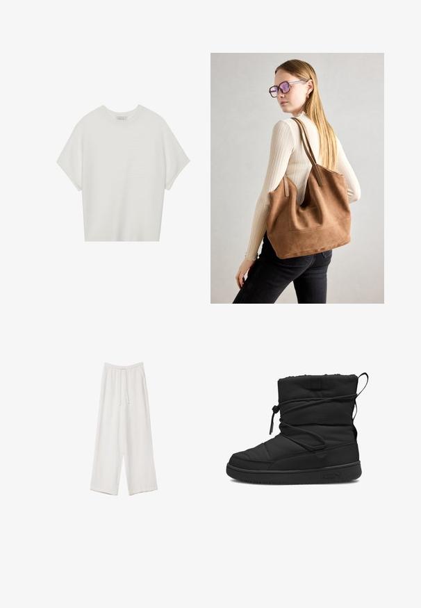 Bijela majica kratkih rukava s širokim okruglim izrezom i teksturiranim rebrastim uzorkom, izrađena od mekog materijala, s opuštenim krojem i čistim dizajnom.; Bijele hlače širokih nogavica napravljene od lagane tkanine. Imaju elastičan pojas s ušicom i bočne džepove. Glatka tekstura.; Crne izolirane čizme s kvadratnom teksturom, zatvaranje na elastičnu vrpcu, podstavljeni vrh i gumeni potplat s minimalnim logotipom.; Smeđa suede torba sa mekom teksturom, širokim otvorom i dugim trakama. Ima jednostavan dizajn s vidljivim šavovima i bez hardvera.