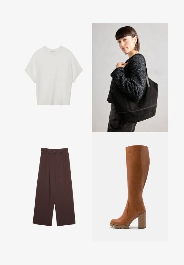 T-shirt blanc à manches courtes avec un large col rond et un motif côtelé texturé, fabriqué en tissu doux, présentant une coupe décontractée et un design épuré.; Stradivarius WIDE-LEG WITH BUCKLE DETAIL  - Pantalon classique - dark brown; Anna Field Bottes à talons hauts - cognac; Sac fourre-tout en daim noir avec une texture lisse, une forme structurée et des coutures contrastantes. Il dispose de longues poignées pour le port à l'épaule.