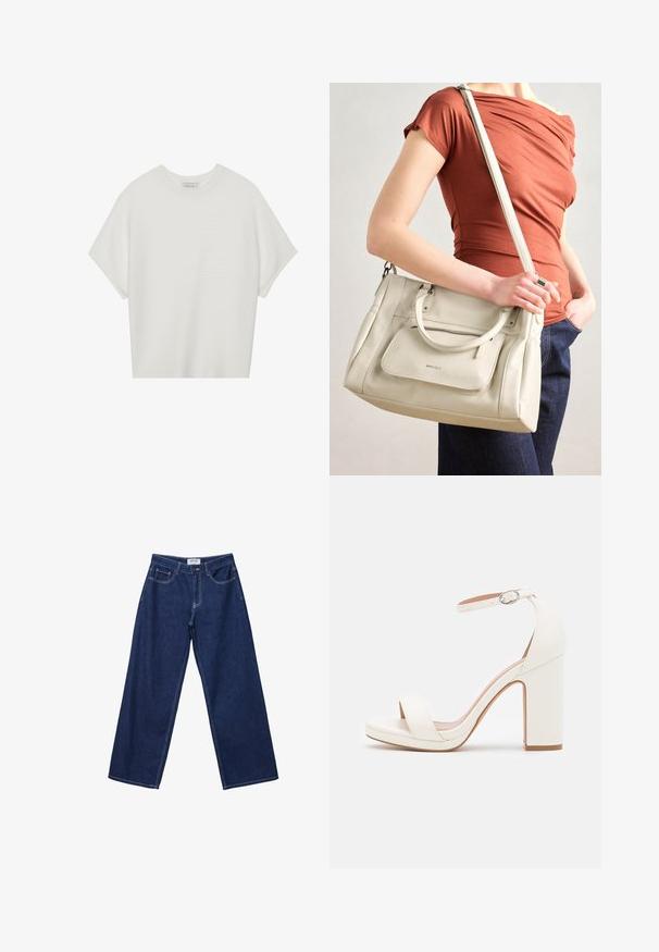 White short-sleeve t-shirt with a wide crew neck and textured ribbed pattern, made of soft fabric, featuring a relaxed fit and a clean design.; Wide-leg dark blue denim jeans with a button closure, five pockets, and contrasting white stitching. The fabric has a smooth, slightly textured finish.; White high-heeled sandal with an ankle strap, minimalist design, open toe, block heel, and smooth leather texture.; White leather handbag with dual handles and a detachable strap, featuring a front zip pocket and smooth texture. Carrying on a person's arm.