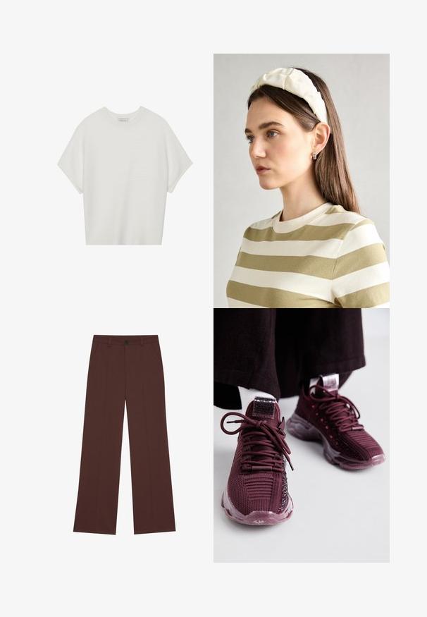 Weißes T-Shirt mit kurzen Ärmeln, weitem Rundhalsausschnitt und strukturiertem Rippenmuster, aus weichem Stoff, mit legerer Passform und einem klaren Design.; Weite Hose aus einem hochwertigen braunen Stoff. Mit einem Knopfverschluss, zwei frontalen Taschen, glatter Textur und klaren Linien.; Burgunderfarbene Sportschuhe mit Mesh-Obermaterial, strukturierten Details, runden Schnürsenkeln und transparenter Gummisohle; mit Logo auf der Zunge und Ferse.; Cremfarbener gepolsterter Haarreif mit gedrehtem Design, kombiniert mit einem beigen und weißen gestreiften Shirt mit rundem Halsausschnitt. Dezente Schmuckakzente.