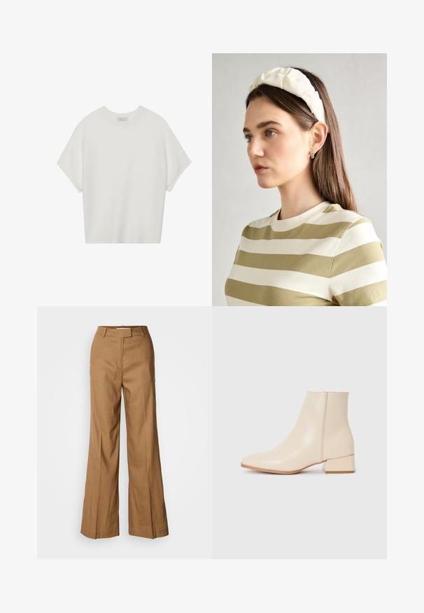 Valge lühikeste varrukatega T-särk laia ümaraha kaelusega ja tekstureeritud ribapatterniga, pehmest kangast, lõdva istuvuse ja puhta disainiga.; Pruunid laiad püksid, mis on valmistatud kerge kangast. Omavad tasast esiosa, vöökohtade keerutusi ning kohandatud siluetti, millel on pahkluu pikkus.; Beebi varbasaapad, mis on valmistatud siledast nahast, terava ninaga, lühikese varruka ja madala ruudukujulise kontsaga. Minimalistlik disain, ilma nähtavate kaunistusteta.; Kreemjas pehmendusega peapael, millel on keerutatud disain, koos beeži ja valge triibulise särgiga, millel on ümar kaelus. Diskreetne ehtedisain.