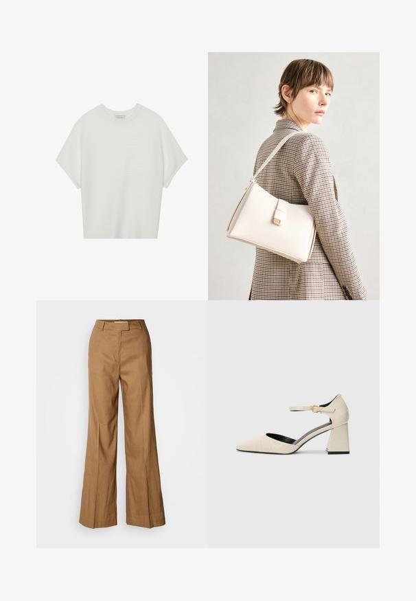 Valge lühikeste varrukatega T-särk laia ümaraha kaelusega ja tekstureeritud ribapatterniga, pehmest kangast, lõdva istuvuse ja puhta disainiga.; Pruunid laiad püksid, mis on valmistatud kerge kangast. Omavad tasast esiosa, vöökohtade keerutusi ning kohandatud siluetti, millel on pahkluu pikkus.; Beezist kunstnahk kingad plokkninahaga, terava varbaga, pahkluu rihmaga ja peene krokodillitekstuuri detaljidega. Must sisetald.; Valge nahast käekott struktureeritud disainiga, millel on magnetlukk ja õlavarre rihm, esitletud neutraalse tausta ees.