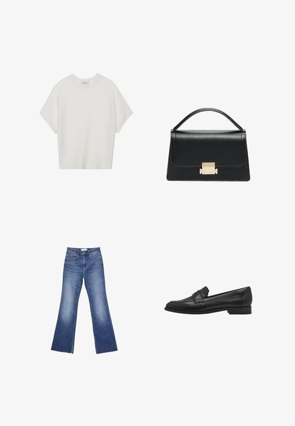 Biała koszulka z krótkim rękawem o szerokim dekolcie, wykonana z miękkiego materiału, z fakturowanym prążkowanym wzorem, charakteryzująca się luźnym krojem i minimalistycznym designem.; Niebieskie dżinsy o wysokim stanie, z przednimi kieszeniami i delikatnym zwężeniem u dołu, na białym tle.; Czarne skórzane loafersy o gładkiej fakturze, zaokrąglonym noskiem i małym, podniesionym detalem w postaci paska. Posiadają niski, solidny obcas.; Czarna skórzana torebka o zorganizowanej konstrukcji, z górną rączką i złotym metalowym zapięciem z przodu. Gładka faktura, minimalne przeszycia.