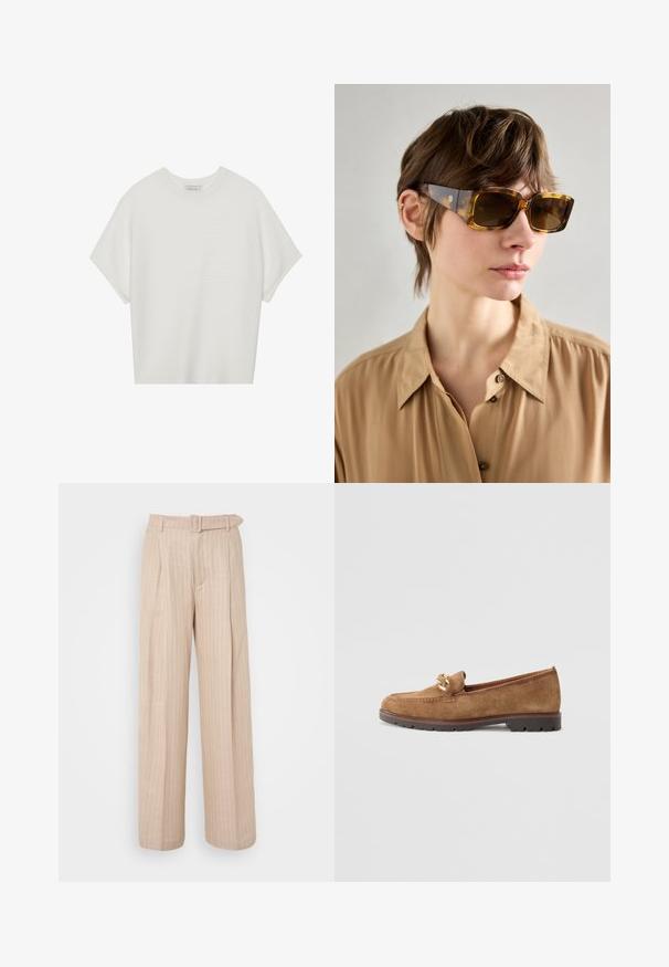 Balta trumpa rankovėmis marškinėliai su plačiu apykakle ir tekstūruotu gumbelių raštu, pagaminti iš minkštos medžiagos, pasižymintys laisvu siluetu ir tvarkingu dizainu.; Šviesiai rudų, plačių kelnių su vertikaliomis juostelėmis, aukštu liemeniu, priekinėmis klostėmis ir atitinkančiu diržu. Lygus paviršius, minimalistinis dizainas.; Tamaris Įmautiniai batai - camel; Rudos vėžliškos saulės akiniai su dideliais stačiakampiais lęšiais ir storiu šoniniu rėmeliu, kuriame vienoje rankenoje yra subtilus prekės ženklo ženklas. Lygi, blizgi danga.; Rudas odinis per petį nešiojamas krepšys su auksinės spalvos sagtimi, stačiakampio formos, lygia tekstūra ir nuimamu dirželiu.; Rudas odinis per petį nešiojamas krepšys su auksinės spalvos sagtimi, stačiakampio formos, lygia tekstūra ir nuimamu dirželiu.