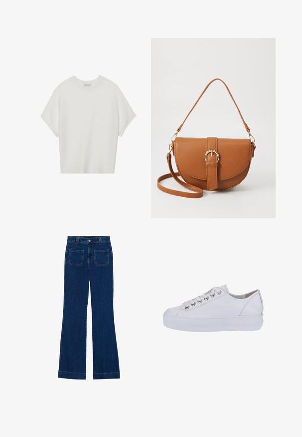 T-shirt blanc à manches courtes avec un large col rond et un motif côtelé texturé, fabriqué en tissu doux, présentant une coupe décontractée et un design épuré.; Jean flare en denim bleu foncé avec une texture lisse, design à cinq poches et fermeture à bouton à la taille.; Baskets blanches en cuir au toucher lisse, à bout arrondi et semelle blanche surélevée. Présentent des œillets en métal argenté et des lacets plats.; Sac bandoulière en cuir marron avec une forme incurvée, quincaillerie dorée et un accent en boucle. Comprend une bandoulière détachable.