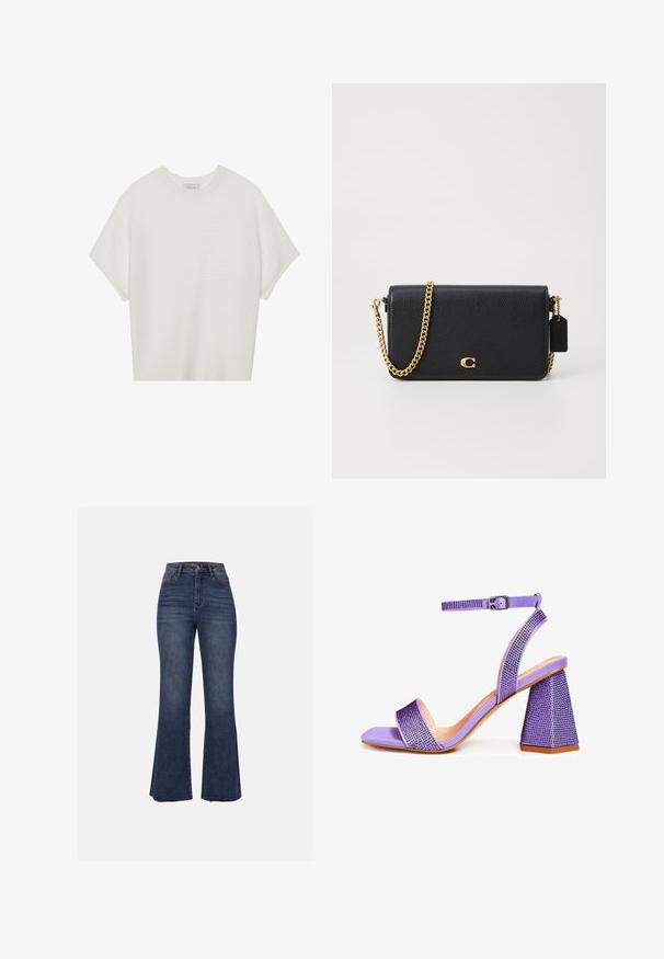 Witte T-shirt met korte mouwen, een brede ronde hals en een gestructureerd ribpatroon, gemaakt van zachte stof. Het shirt heeft een ontspannen pasvorm en een strakke uitstraling.; Anna Field Flared Jeans - blue wash; Paarse hoge hakken sandaaltjes met een gestructureerde vierkante neus, versierd met strass-steentjes, en voorzien van een gesp-enkelsband en een geometrische hak.; Zwarte leren crossbody tas met een textuur op het oppervlak, gouden kettingriem en een klein label. Heeft een opvallend logo aan de voorkant.