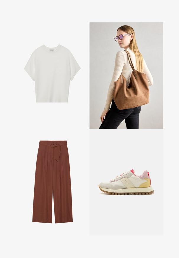 T-shirt bianca a maniche corte con scollo rotondo ampio e texture a coste, realizzata in tessuto morbido, caratterizzata da una vestibilità rilassata e un design pulito.; Pantaloni a gamba larga in tessuto marrone, con cintura a fibbia quadrata, design plissettato e texture liscia.; Sneakers con una toma in pelle crema, accenti in suede rosa e un tallone giallo, dotati di una suola in gomma con battistrada e lacci bianchi.; Borsa a tracolla in suede marrone con texture morbida, ampia apertura e lunghe cinghie. Caratterizzata da un design semplice con cuciture visibili e senza accessori.