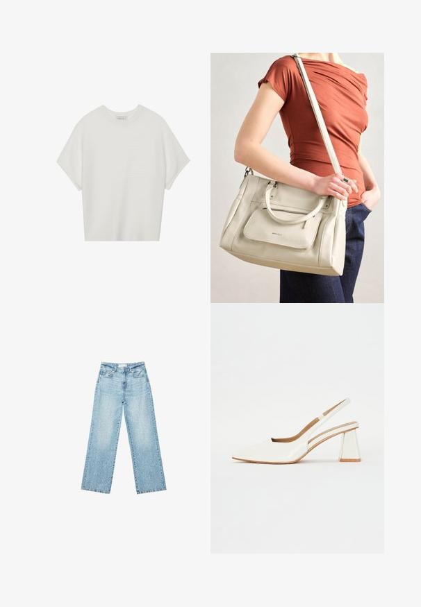 Weißes T-Shirt mit kurzen Ärmeln, weitem Rundhalsausschnitt und strukturiertem Rippenmuster, aus weichem Stoff, mit legerer Passform und einem klaren Design.; Helle blaue Denim-Jeans mit weitem Bein und hoher Taille, im lässigen Look mit einem ausgewaschenen Finish und kleinen, verstreuten Used-Effekten.; Weiße Lackleder-Pumps mit spitzer Zehenform und geometrischem Blockabsatz. Das Innere verfügt über eine tannfarbene Innensohle und minimalistische seitliche Aussparungen.; Weiße Lederhandtasche mit zwei Griffen und einem abnehmbaren Schulterriemen, ausgestattet mit einer vorderen Reißverschlusstasche und glatter Textur. Wird am Arm einer Person getragen.