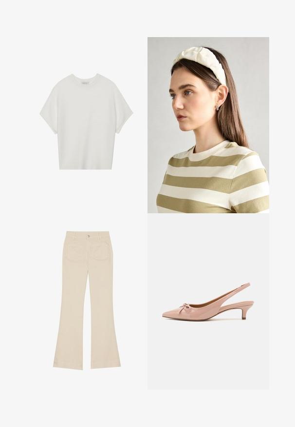 Biela tričko s krátkym rukávom a širokým okrúhlym výstrihom, s textúrovaným rebrovaným vzorom, vyrobené z mäkkej látky, s uvoľneným strihom a čistým dizajnom.; Béžové rozšírené nohavice s vysokým pásom, vyrobené z bavlnenej tkaniny. Obsahujú predné a zadné vrecká, pútka na opasok a jeden strieborný gombík.; Patent ružové lodičky s otvorenou pätou, s špicatou špičkou, mašľou na prednej strane a nízkym podpätkom. Hladká štruktúra s lesklým povrchom.; Krémová čelenka s vypchatím a vzorom vrkoča, skombinovaná s béžovo-bielym pruhovaným tričkom s okrúhlym výstrihom. Nápadné doplnky z jemného šperku.