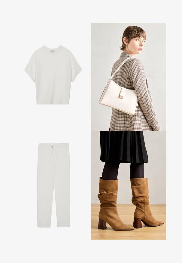 T-shirt blanc à manches courtes avec un large col rond et un motif côtelé texturé, fabriqué en tissu doux, présentant une coupe décontractée et un design épuré.; Pantalon blanc sur mesure avec une coupe droite, doté d'une fermeture à bouton, de passants de ceinture et de poches latérales ; texture de tissu lisse.; Bottines en suédine marron, coupées à la cheville et à bouts pointus, avec des talons en bois empilés. Portées avec des collants noirs et une jupe noire plissée.; Sac à main en cuir blanc au design structuré, doté d'un fermoir magnétique et d'une bandoulière, présenté sur un fond neutre.