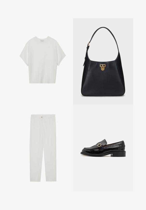 Λευκό κοντομάνικο t-shirt με φαρδύ λαιμό και υφή ριμπ, φτιαγμένο από μαλακό ύφασμα, διαθέτει χαλαρή εφαρμογή και καθαρό σχεδιασμό.; Λευκά, κομμένα παντελόνια με ίσια γραμμή, που διαθέτουν κούμπωμα με κουμπί, θηλιές ζώνης και πλαϊνές τσέπες; απαλή υφή υφάσματος.; Μαύρες δερμάτινες λοφάδες με γυαλιστερή φινίρισμα, με διακοσμητική οβάλ αγκράφα και χαμηλό τετράγωνο τακούνι. Κλασικός σχεδιασμός με ραφές.; Μαύρη δερμάτινη τσάντα ώμου με καμπυλωτό σχέδιο, διαθέτει χρυσό κλείσιμο με κλειδαριά και στρογγυλό λουρί. Λείος υφής με ελάχιστες λεπτομέρειες.