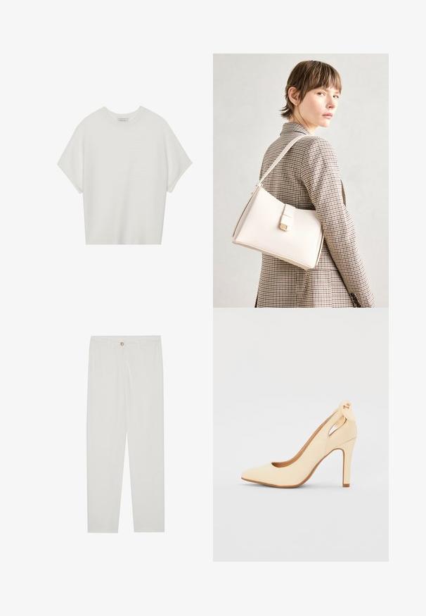 Hvit t-skjorte med korte ermer, bred rund hals og teksturert ribbet mønster, laget av myk stoff, med en avslappet passform og et enkelt design.; Hvite, skreddersydde bukser med rette ben, med knapplukking, beltehemper og sidelommer; glatt tekstur.; Beige høyhælte sko med spiss tå, glatt imitert lær øvre, utskjæringsdesign og sløyfe aksent ved ankelen.; Hvit lær veske med en strukturert design, med magnetlås og skulderstropp, vist mot en nøytral bakgrunn.