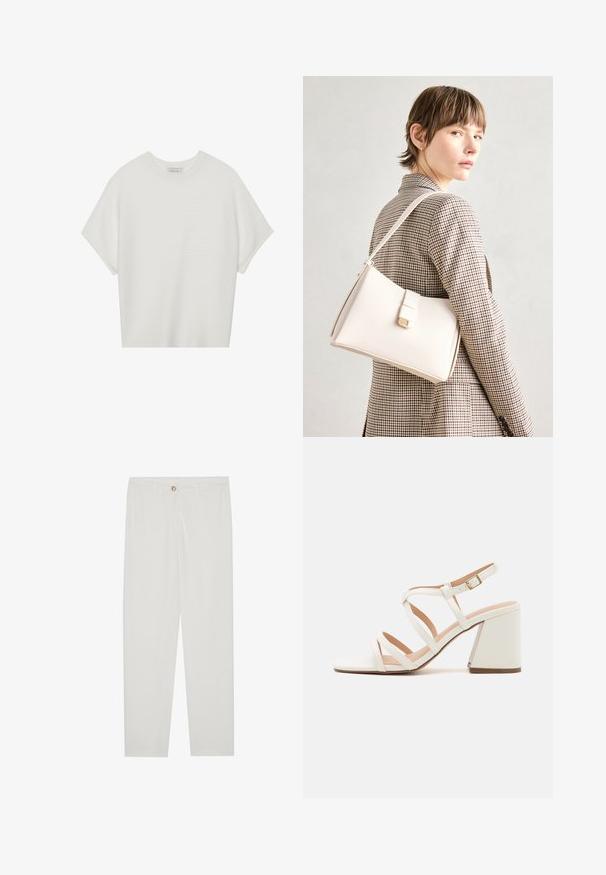 Witte T-shirt met korte mouwen, een brede ronde hals en een gestructureerd ribpatroon, gemaakt van zachte stof. Het shirt heeft een ontspannen pasvorm en een strakke uitstraling.; Witte, op maat gemaakte broek met een rechte pijpdesign, featuring een knoopsluiting, riemlussen en zijzakken; gladde stoftextuur.; Even&Odd Wide Fit Sandalen - white; Witte leren handtas met een gestructureerd ontwerp, voorzien van een magneetsluiting en een schouderriem, tentoongesteld tegen een neutrale achtergrond.