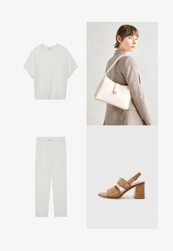 Witte T-shirt met korte mouwen, een brede ronde hals en een gestructureerd ribpatroon, gemaakt van zachte stof. Het shirt heeft een ontspannen pasvorm en een strakke uitstraling.; Witte, op maat gemaakte broek met een rechte pijpdesign, featuring een knoopsluiting, riemlussen en zijzakken; gladde stoftextuur.; Bruine leren heeled sandalen met een brede voorkantband, een verstelbare enkelband met een gouden gesp en een textured blokhak.; Witte leren handtas met een gestructureerd ontwerp, voorzien van een magneetsluiting en een schouderriem, tentoongesteld tegen een neutrale achtergrond.