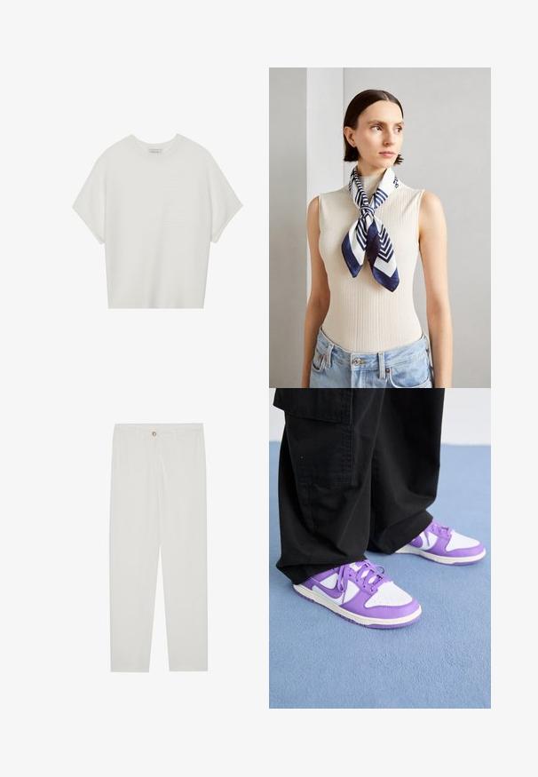 Camiseta branca de mangas curtas com um decote careca largo e um padrão texturizado canelado, feita de tecido suave, com um corte relaxado e um design limpo.; Calças brancas, ajustadas, com um design de perna reta, apresentando um fecho de botão, passantes para cinto e bolsos laterais; textura de tecido suave.; Nike Sportswear DUNK NEXT NATURE - Sapatilhas - summit white/black raspberry; Cachecol de seda em azul marinho e branco com um padrão geométrico em zigzag. Textura suave, amarrado cuidadosamente ao redor do pescoço, complementando uma blusa com nervuras.; Fita de cabelo almofadada em creme com design torcido, acompanhada de uma camisa às riscas bege e branca com escote redondo. Acentos discretos em joias.