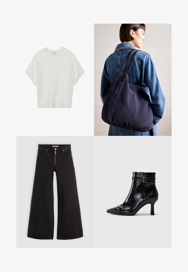 Valge lühikeste varrukatega T-särk laia ümaraha kaelusega ja tekstureeritud ribapatterniga, pehmest kangast, lõdva istuvuse ja puhta disainiga.; Laiad teksad mustast denimist, millel on lukuga eesmine osa, viie taskuga disain ja peened õmblusdetailid. Sile tekstuur ja juhuslik stiil.; Tamaris Täistallaga poolsaapad - black; Tumesinise kangast õlalauk, millel on pehme, struktureeritud kuju, must rihm, tikandiga detailid ja väike brändi silt.