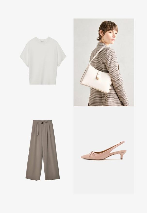 T-shirt bianca a maniche corte con scollo rotondo ampio e texture a coste, realizzata in tessuto morbido, caratterizzata da una vestibilità rilassata e un design pulito.; Pantaloni a gamba larga in un morbido tessuto grigio tenue, con vita con cintura e pieghe per un tocco di design aggiuntivo. Texture liscia, senza motivi.; Décolleté rosa patent con punta affusolata, dettaglio a fiocco frontale e tacco kitten basso. Texture liscia con finitura lucida.; Borsa a mano in pelle bianca con un design strutturato, presente di un clasp magnetico e una tracolla, esposta su uno sfondo neutro.