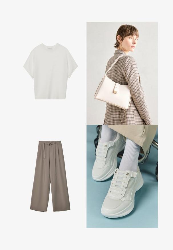 Weißes T-Shirt mit kurzen Ärmeln, weitem Rundhalsausschnitt und strukturiertem Rippenmuster, aus weichem Stoff, mit legerer Passform und einem klaren Design.; Weite Hose aus einem weichen, gedämpften grauen Stoff, mit einem taillierten Bund und Falten für zusätzliche Design-Details. Glatte Textur, keine Muster.; Weiße Sneaker aus Mesh-Material, mit Gummisohle, schnürfreiem Design mit elastischen Bändern und goldfarbenen Akzenten.; Weiße Lederhandtasche mit strukturiertem Design, ausgestattet mit einem Magnetverschluss und einem Schulterriemen, präsentiert vor einem neutralen Hintergrund.