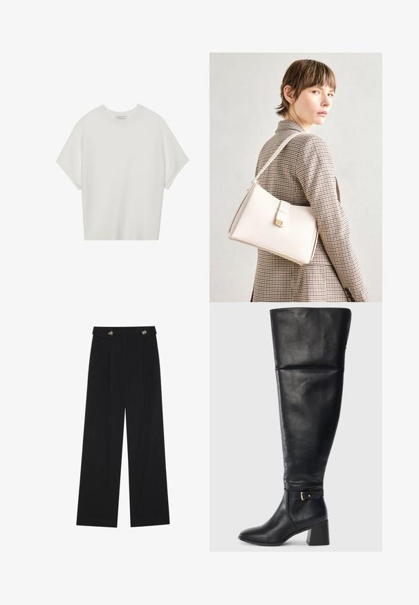 Balta īsā piedurknē T-krekls ar plašu apļa kaklu un teksturētu ribu rakstu, izgatavots no mīksta auduma, ar brīvu piegriezumu un tīru dizainu.; Melnas platās bikses ar augstu jostasvietu, pogu detaļām uz jostas un priekšējām krokām.; Melna ādas līdz ceļiem zābaks ar blokveida papēdi un dekoratīvu jostu ar zelta sprādzi virs potītes, sānu skats uz baltā fona.; Balta ādas rokassoma ar strukturētu dizainu, kurai ir magnētiska aizdare un plecu josta, parādīta uz neitrāla fona.