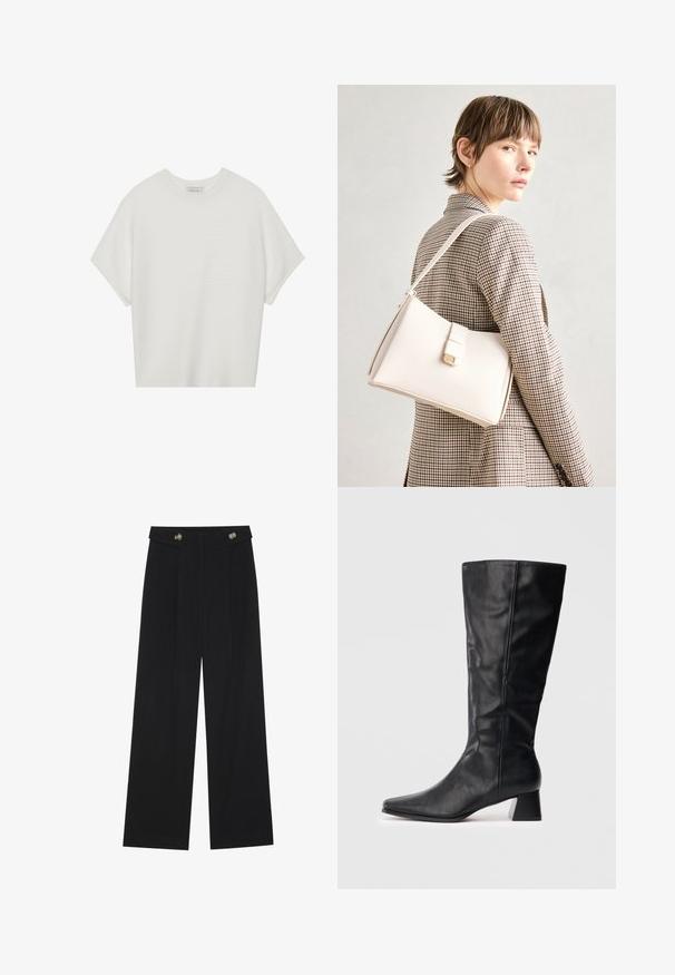 Camiseta branca de mangas curtas com um decote careca largo e um padrão texturizado canelado, feita de tecido suave, com um corte relaxado e um design limpo.; Calças largas pretas com cintura alta, detalhes em botão na cintura e pregas frontais.; Bota de couro preta até ao meio da panturrilha, com bico apontado e salto quadrado, sobre um fundo claro liso.; Bolsa de mão em couro branco com um design estruturado, apresentando um fecho magnético e uma alça de ombro, exibida sobre um fundo neutro.