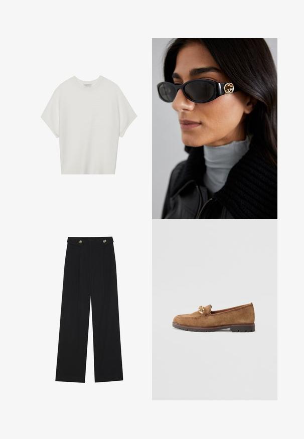 White short-sleeve t-shirt with a wide crew neck and textured ribbed pattern, made of soft fabric, featuring a relaxed fit and a clean design.; Black wide-leg trousers with high waist, button details on waistband, and front pleats.; Tamaris Slip-ons - camel; Black sunglasses featuring a sleek rectangular frame with a gold logo accent on the side. Dark lenses and glossy finish are prominent.; Brown leather tote bag with a smooth texture, open top design, and two shoulder straps. Features minimal stitching and no visible hardware.