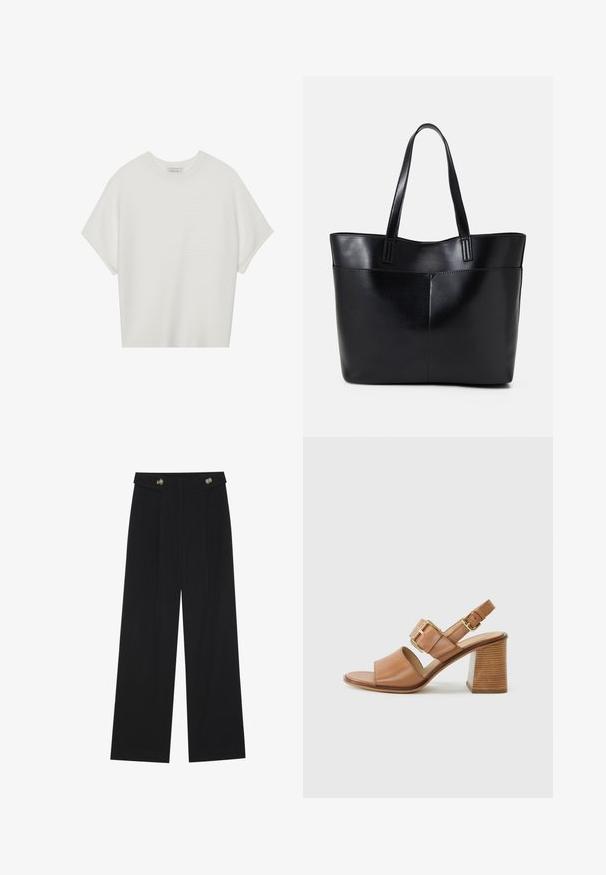 Hvid kortærmet t-shirt med en bred rund hals og struktureret ribbet mønster, lavet af blødt stof, med en afslappet pasform og et enkelt design.; Sorte vide bukser med høj talje, knapdetaljer på taljebåndet og frontfald.; Brune læderhælesandaler med en bred frontrem, justerbar ankelrem med en guldbuckle og en tekstureret blokheel.; Sort læder tote taske med to lange håndtag, en glat tekstur og en struktureret form. Har en forlommem for ekstra opbevaring.